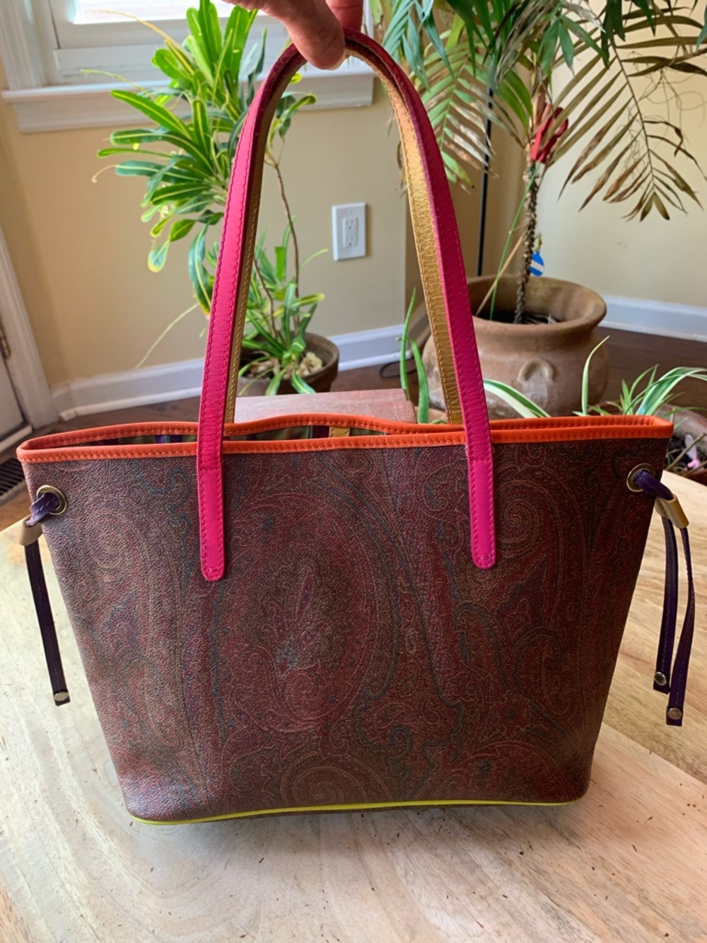 ETRO Paisley Shopping Tote with Pink Handles and Orange/Yellow Trim